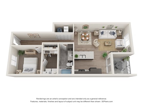 Floor plan for 1 bed, 1 bath, 746 sqft
